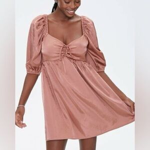 Forever 21 Bronze Sweetheart Peasant-Sleeve Mini Dress with a Satin Look Sz Med